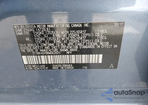 2011 Toyota Rav4 Limited V6 z USA, uszkodzony, nr VIN 2T3DK4DV9BW063931